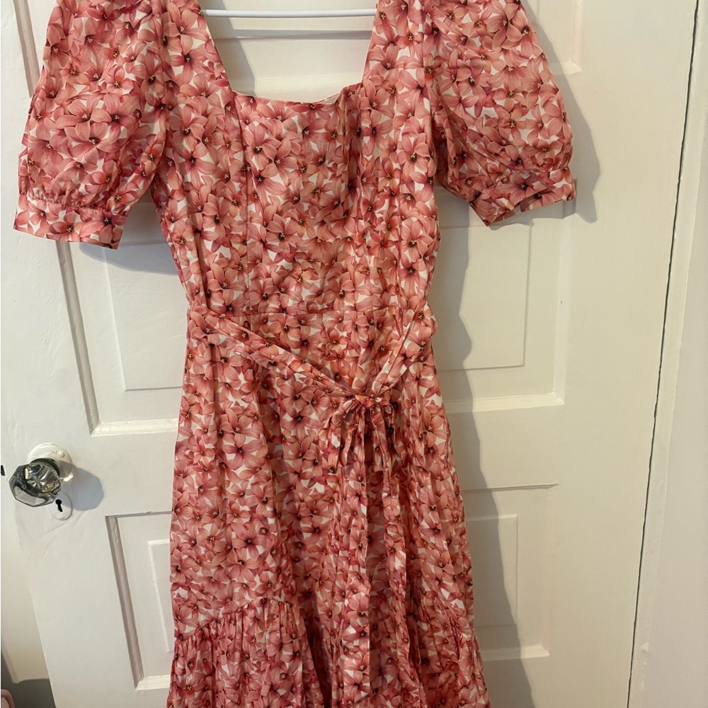 Antonio Melani Women’s Pink Floral Puff-Sleeve Midi Dress with Square Neck